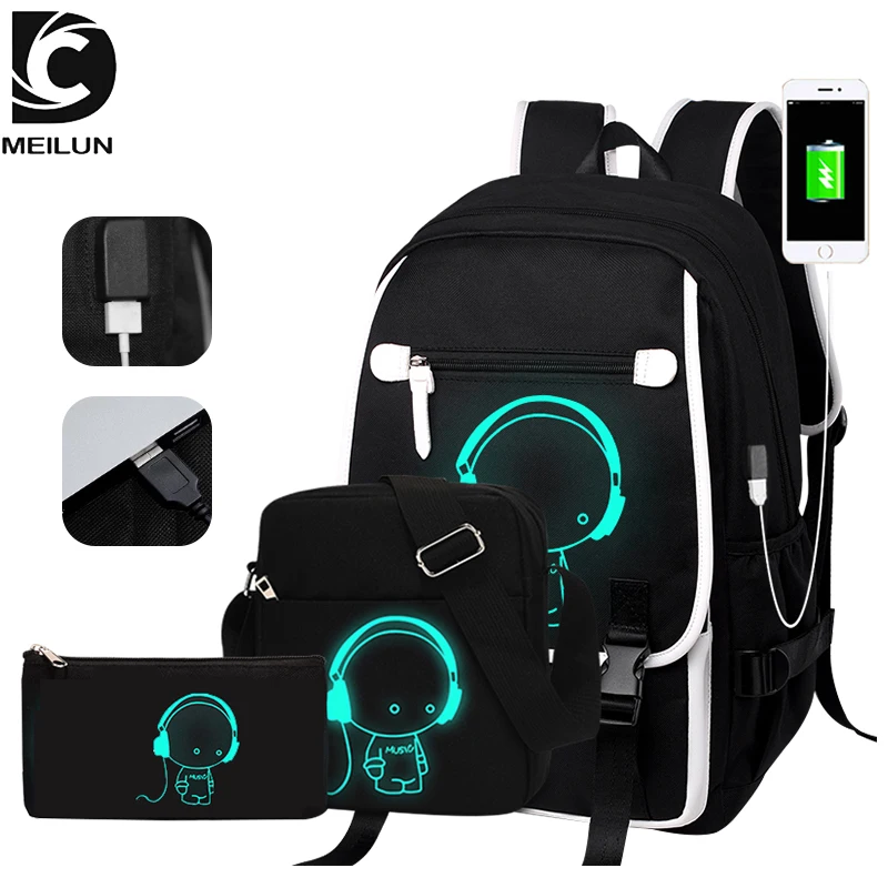 
School Bags Luminous Backpacks With Usb 3 Pcs Set Custom Logo Travel Backpack 