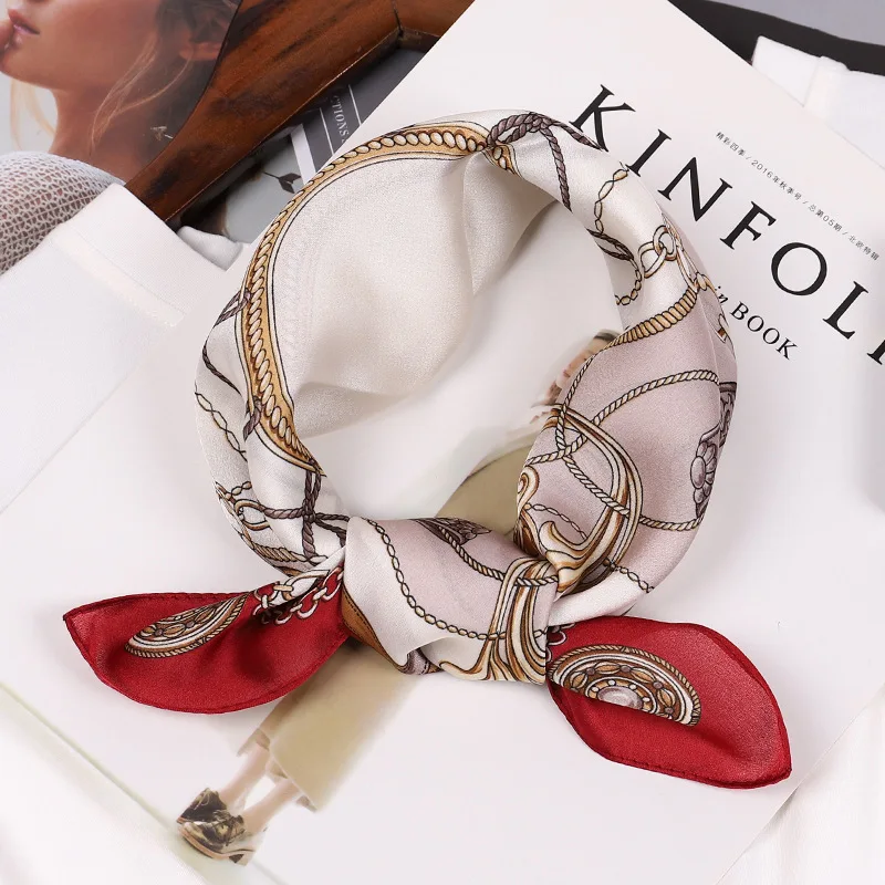 50*50 см квадратный шарф с принтом Шелковый Атласный Женский винтажный квадратный шейный шарф доступен шарф с принтом цепей Шелковый шарф