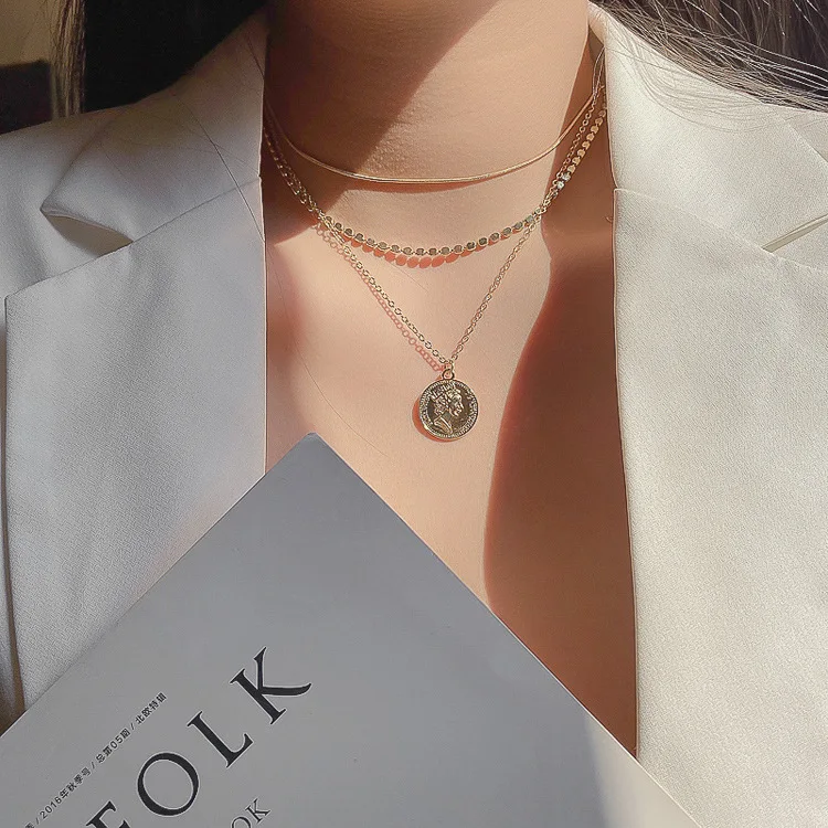 2020 fashion three layer coin gold pendant necklace