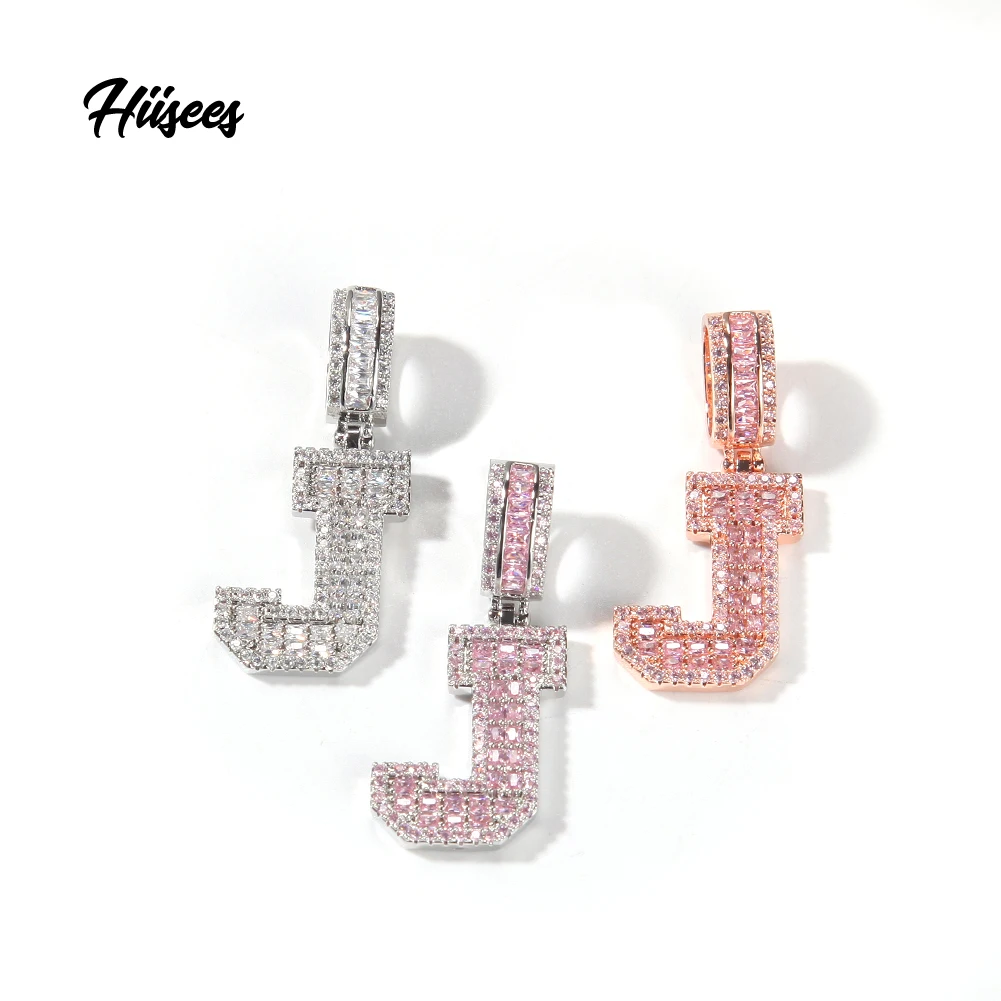 Hip hop Varsity Baguette CZ Initial Letters Necklace Bling Bling Letter Pendant With Stainless Steel 1.5mm Width Box Chain