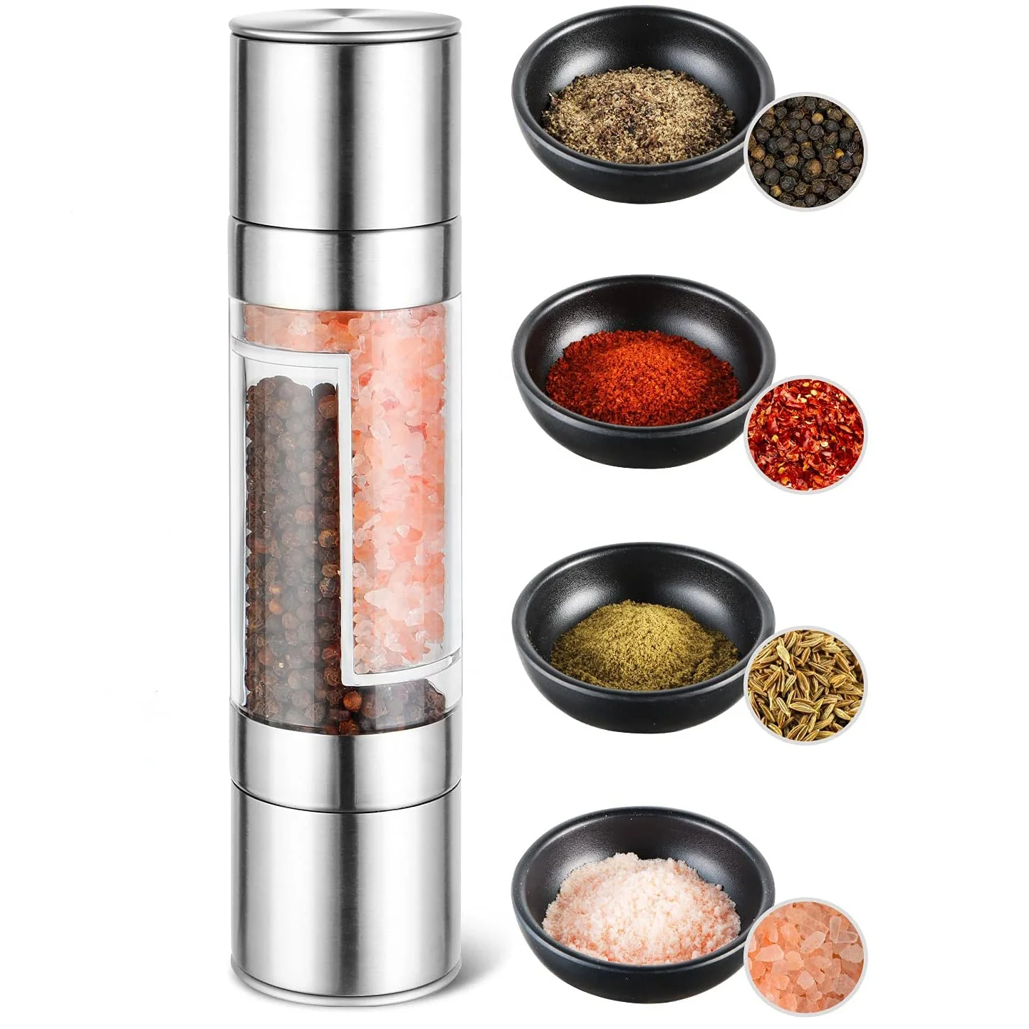 Space Saver 2 in 1 Shaker Mills Set Stainless Steel salt Grinders and Pepper Mill Set 2 in 1 Salt and Pepper Grinder