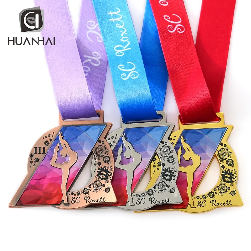 Russian enamel logo printing gold silver bronze metal customized dance medals