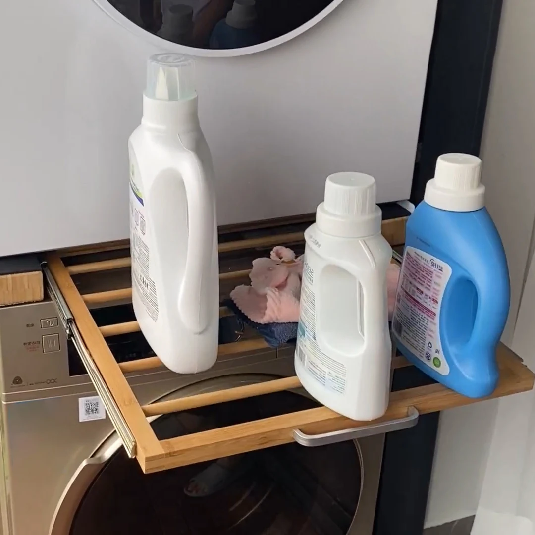 Bamboo Stacking Kit for Washing Machines and Dryers With Sliding Shelf Bamboo Washer Dryer Stacking Set Rack with Ratchet Strap
