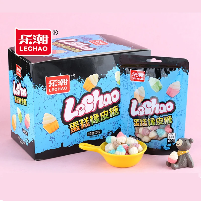 Factory wholesale cartoon gummy candy sweet 3d 4d cupcake cakes shape halal gummy mix fruit candy