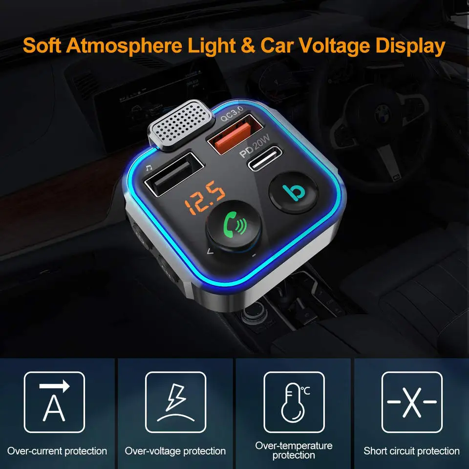 Car hands-free calling QC3.0 dual USB car charger PD18WC car Bluetooth MP3 player FM transmitter