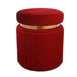 Laynsino tassel Round Ottoman stools fringe Red Velvet Fabric pouf ottoman