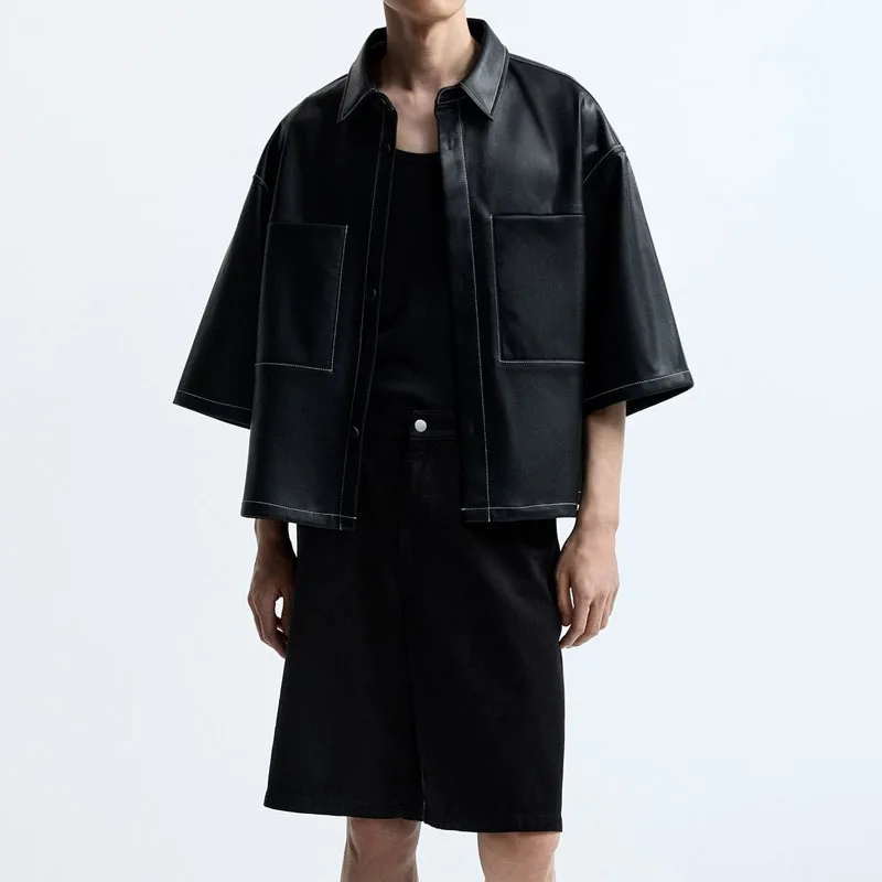 Factory Price Customized High Quality Shirts Front Button Closure Short Sleeves Boxy Fit PU Leather Overshirt