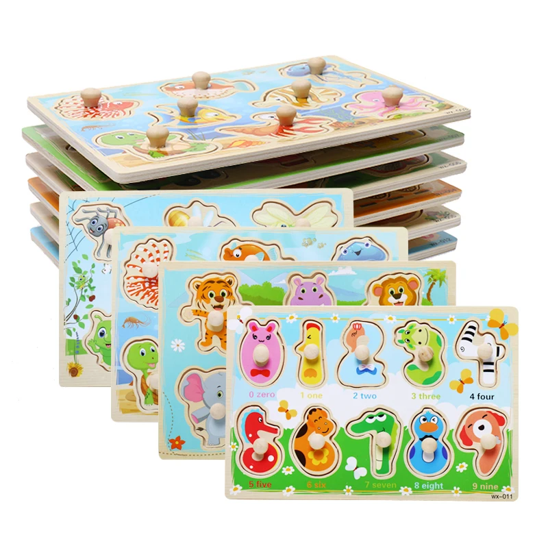 Baby Hand Grasp Wooden Puzzle Toy Number Animal Learning Wooden Puzzle Alphabets Letters For Children