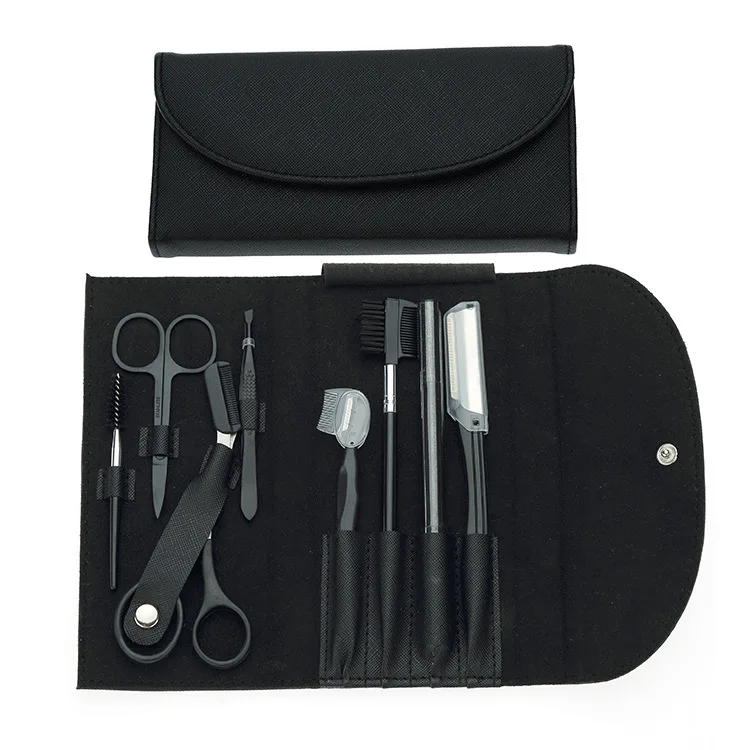8 pieces Eyebrow Clip Knife Razor Set Black Makeup Tool Eyebrow trimmer Eyelash Scissors Brush Pencil Eyebrow Tweezers Kit