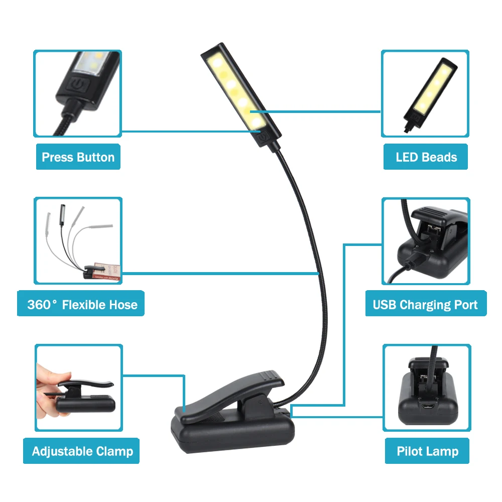 O08-0033 9 LED USB аккумуляторная лампа для чтения гибкая легкий зажим с 3 настройками яркости
