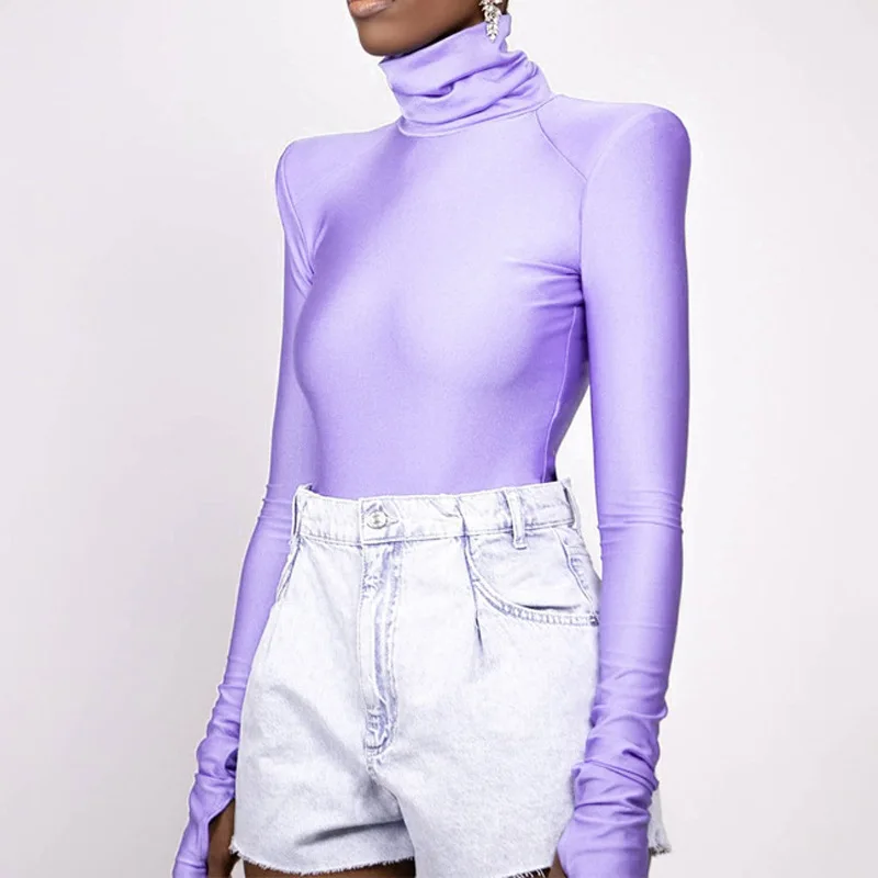 2023 Fashion Solid Turtleneck Shoulder Pads Base Shirt Catsuit Woman Long Sleeve Finger Jumpsuit Onesie Women Bodysuit