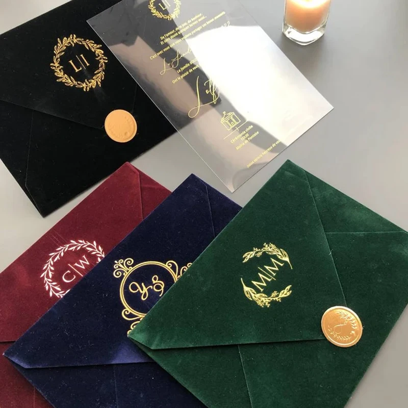 Custom Luxury Royal Blue Velvet Envelope with Clear Acrylic Elegant Wedding Invitations Set Custom Design Wedding Invitations