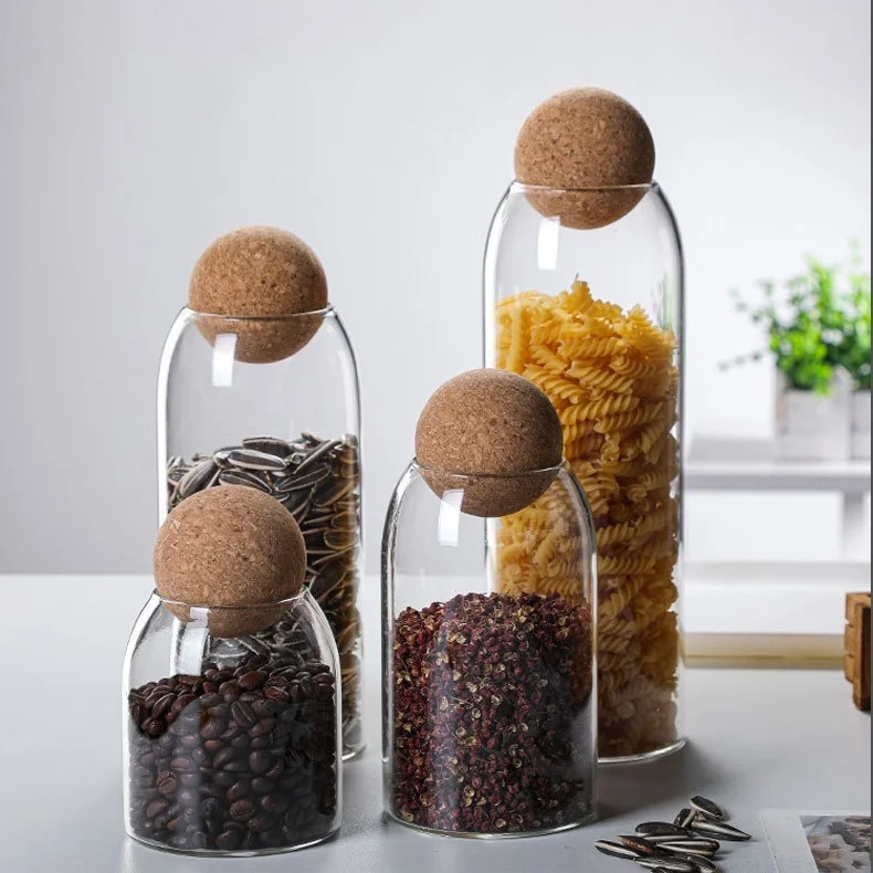 Transparent Glass Storage Jar Sealed Food-Grade Glass With Round Ball Cork Lid For Coffee Beans Grains For Kitchen