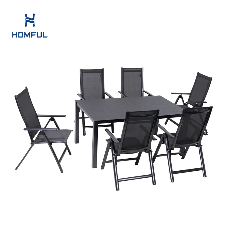 Metal Steel Outdoor Dining Table Set 6 Seater Dining Table With Foldable Armrest Chairs