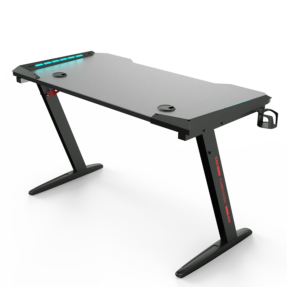 Large Z-Shaped Gaming PC Desk with Carbon Fiber Desktop and RGB Light for Gamer, Cup Holder, Headphone Hook