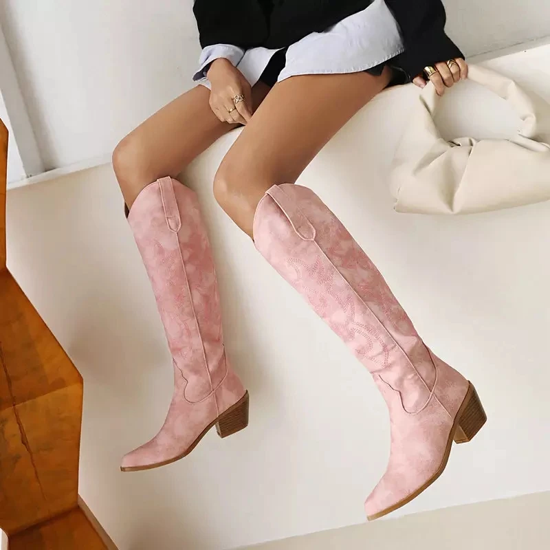 OEM/DOM Fashion Cowgirl Women Knee High Boots Suede Leather 6cm Thick Chunky Heel Vintage Women Western Boots
