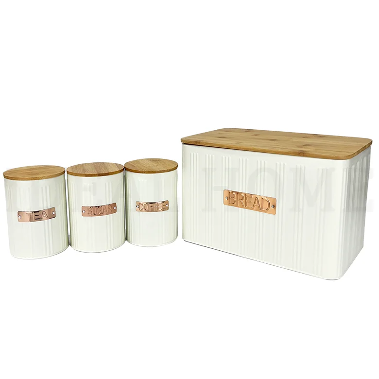 White color Cookie Sugar & Coffee Jar Plus Cutting Board Kitchen 4pc Storage Canister Set Bamboo Lids- Includes Bread box