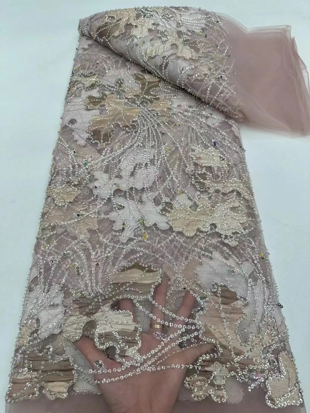 NI.AI Luxury Lace Fabric Colorful Sequence Net Lace Embroidery Satin Lace Sequin Fabric For Wedding Dress