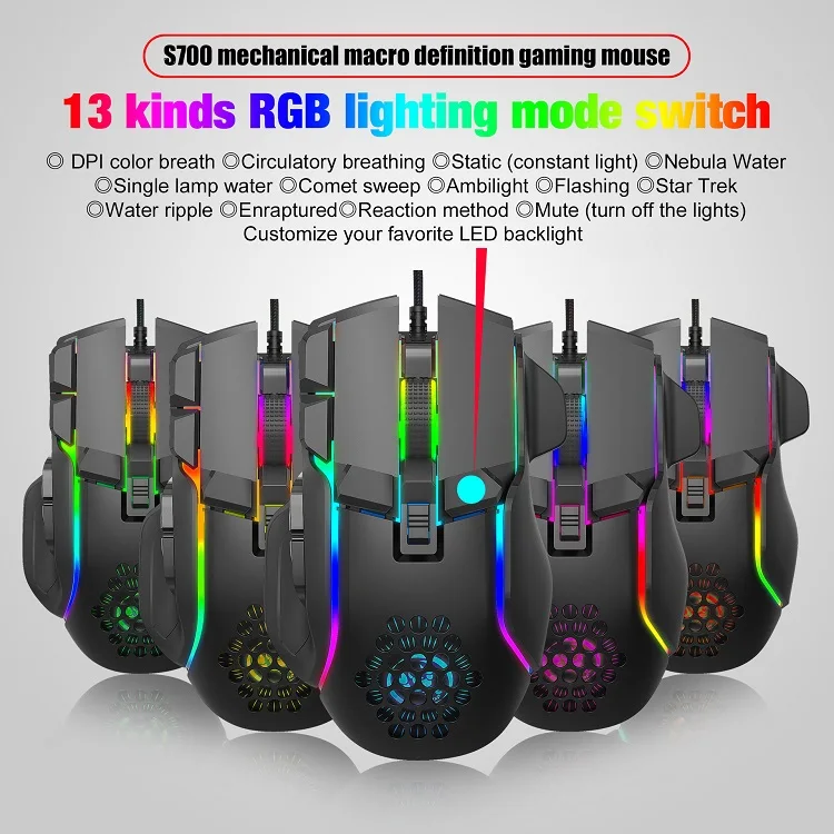 10D 6level Adjustable 12800DPI 13RGB Lighting Mode Wired Programmable Gaming Mouse Gamer Wired Mouse