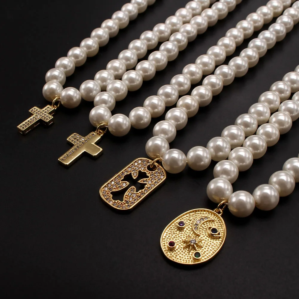custom 18K Gold Plated Zircon Pendant Necklace Fashion Shell Pearl Beaded Choker Woman/Men Diamond Cross Necklace Fine Jewelry