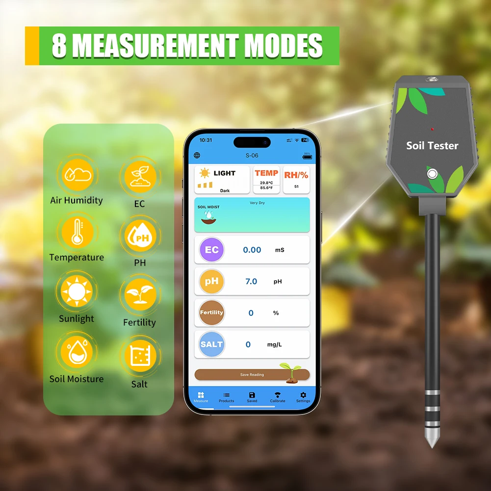 New Smart Bluetooth 8 in1 Soil EC&Salt&Fertility Multi-function Soil pH Meter with High Precision Probe for Yard Farmland Garden
