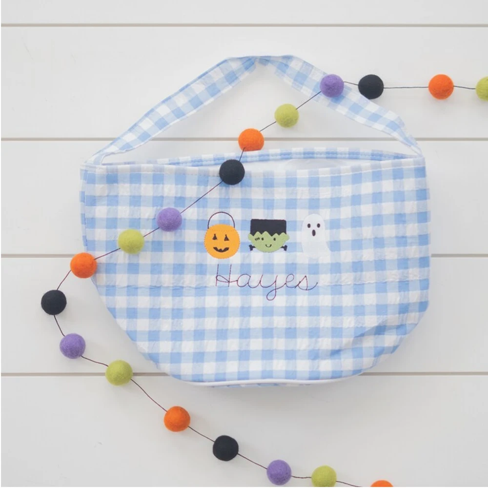 Trick or Treat Kids Tote Candy Bags Basket Pumpkin Ghost Embroidered Blank Gingham Halloween Bucket