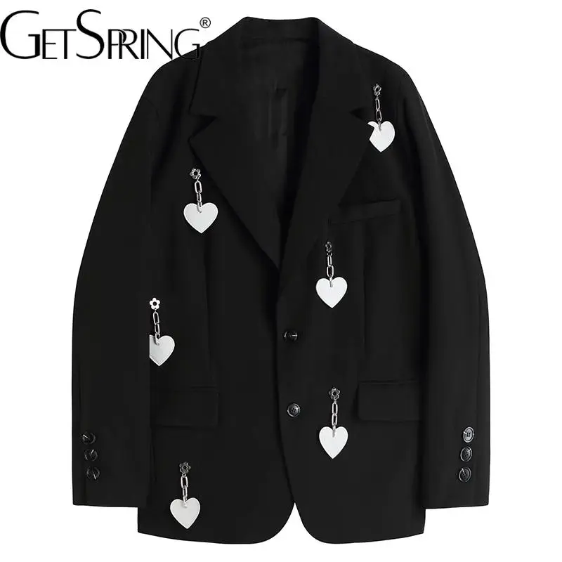 GetSpring Women Blazer Love Hanging Chain Single Breasted Full Sleeve Black Suit Coat Women's Loose Long Suit Jacket 2022