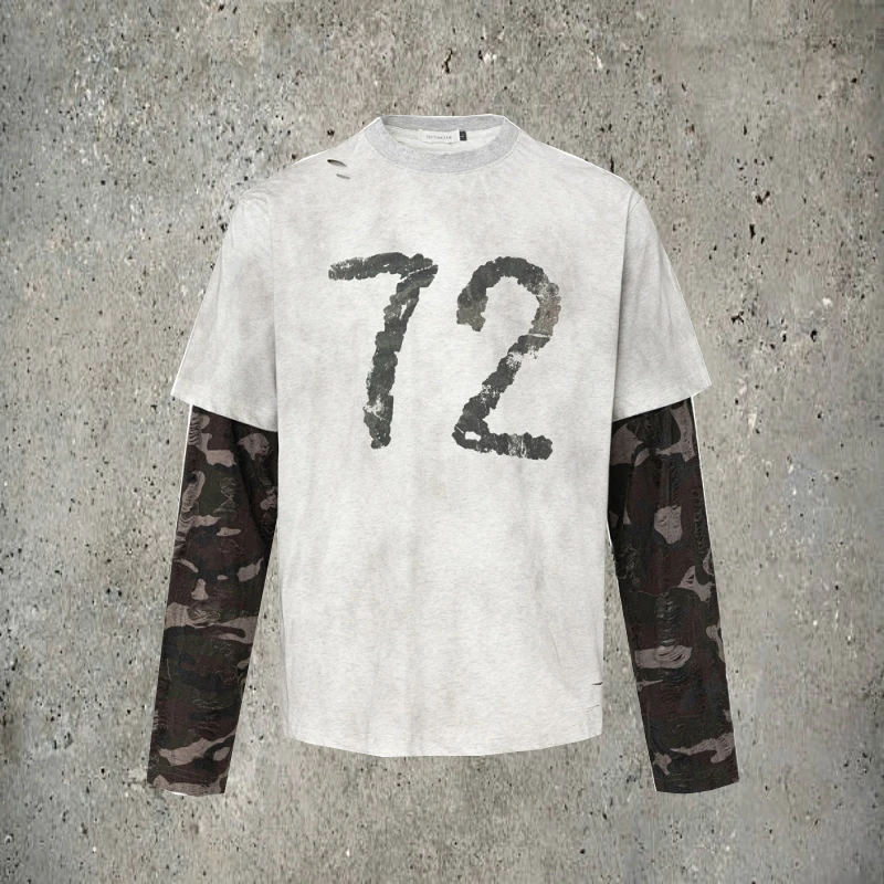 Dehan garment oversized distressed t shirts men cuts clothing long sleeve t shirt double layer sun fade t shirt