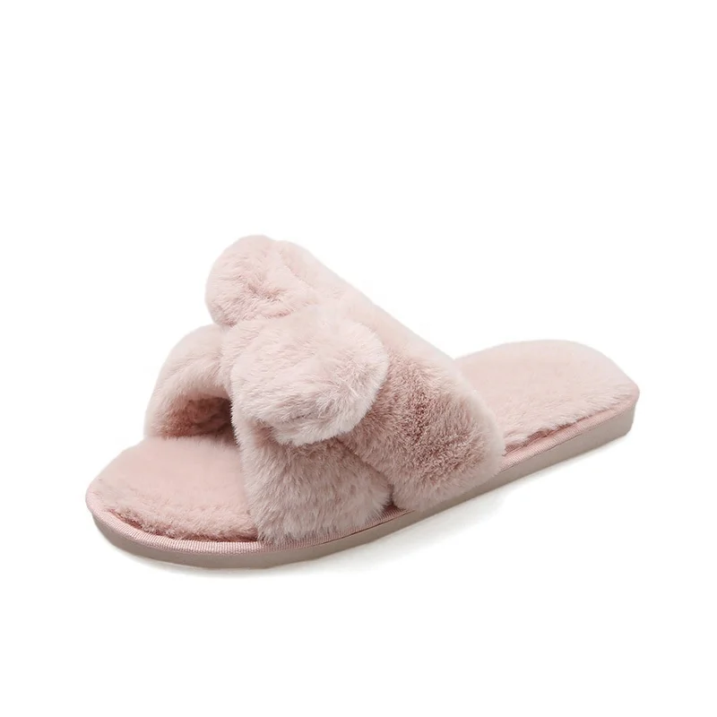 USA big size 2021 autumn and winter women lady girls cross Butterfly Knot faux fur warm slippers slides