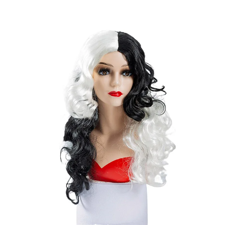 ANXIN Female Halloween Wig Black and White Double Witch Cruella Costume with Wig for Female Witch Cruella Dress up