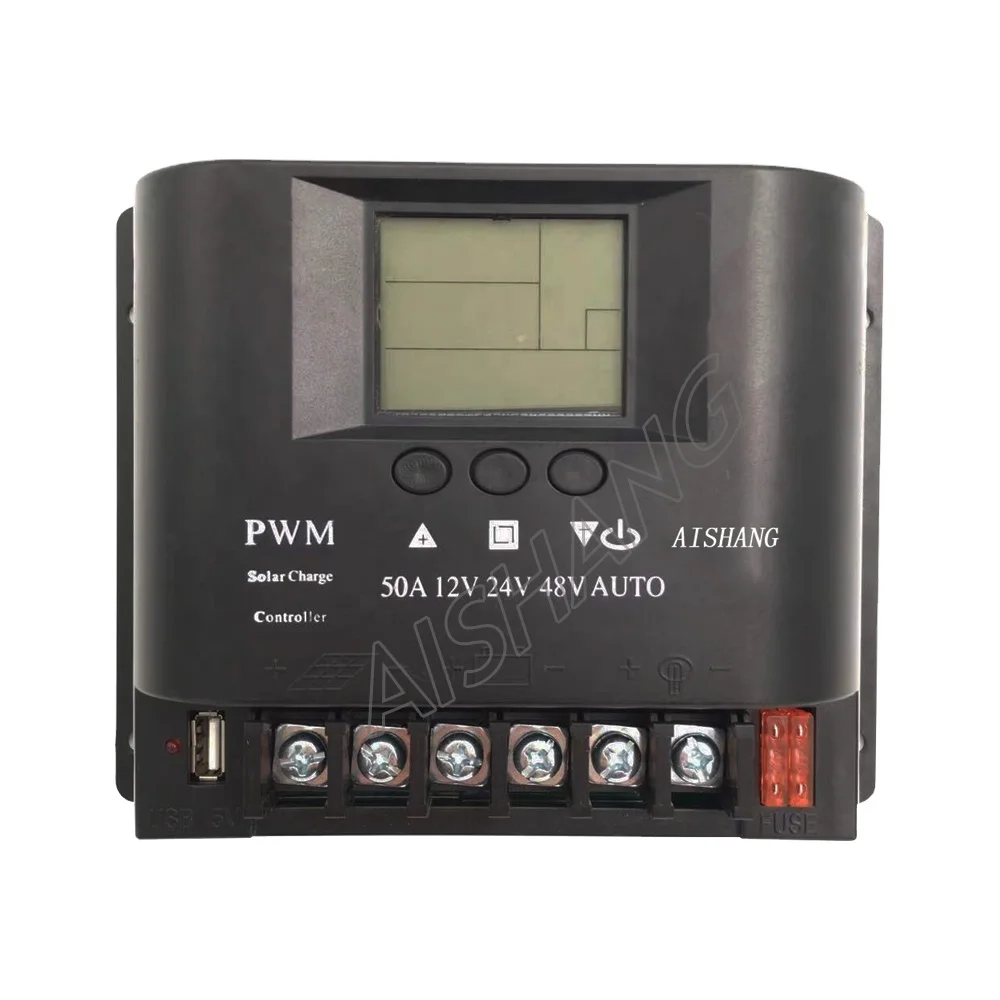 AISHANG 12V/24V/48V 2 fuse outlet 5V USB PWM 50A solar charge controller