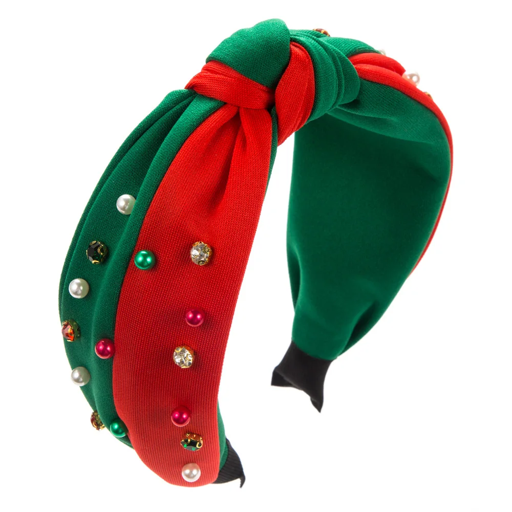 European American Christmas Pearl Headband Red And Green Diamond Hairband Female Simple Fashion Hair Accessories