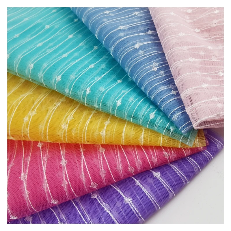 
Fresh style 100%Nylon tulle mesh fabric Stripe pattern swiss voile lace fabric for Custom dress for ladies 