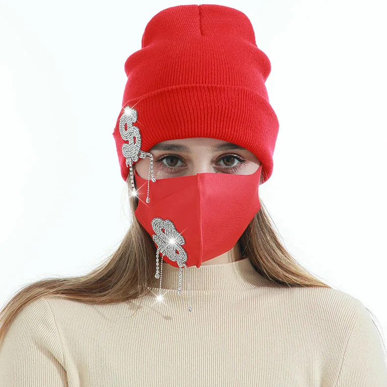 KQ0074 wholesale stock handmade blank plain warm winter women knitting pattern hat face cover bling beanie hats