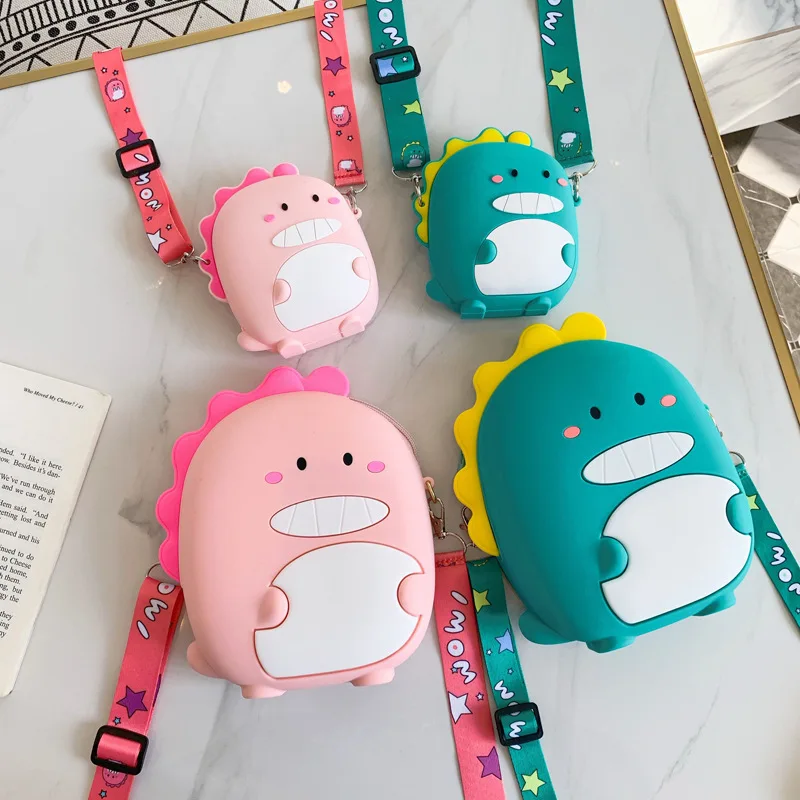 
Lovely wholesale factory silicone hand rope wallet cute girls mini cute dinosaur cartoon small rubber coin purse tape design 
