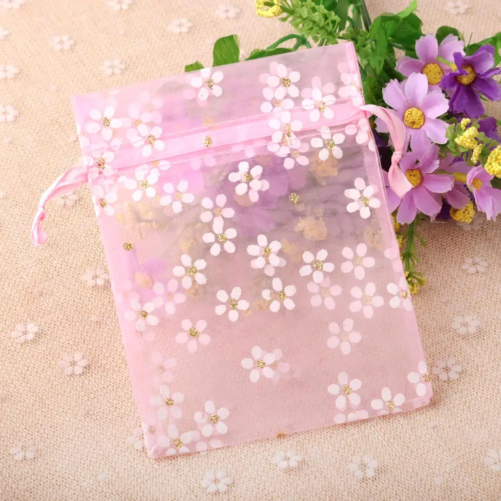17*23cm High Quality Aromatic Perfume Sweet Flowers Print Organza Drawstring Pouch