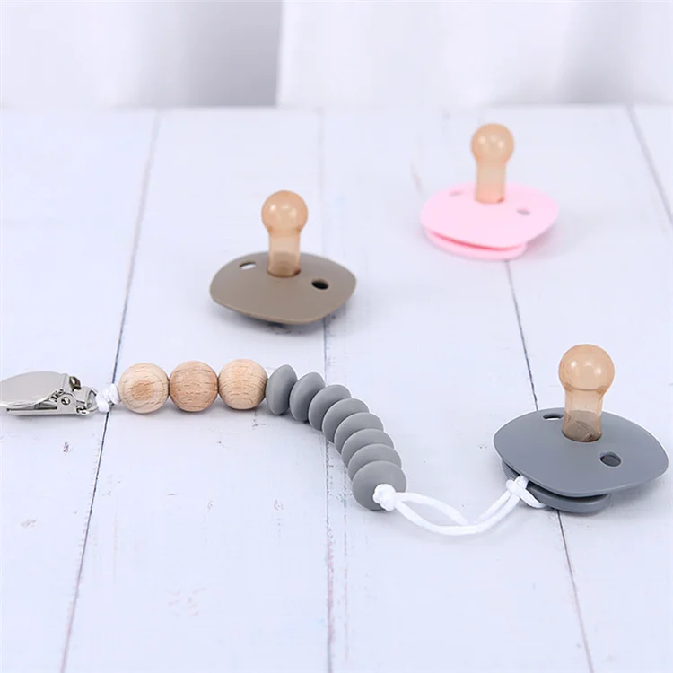 BPA Free Soft Toddler Silicone wood Beads Dummy baby pacifier clip nipple