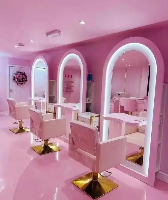 Pink Other Beauty Salon Furniture Set Barbershop Salon Makeup Stylish Hairdressing Barber Chairs And Salon Mirror Set Station