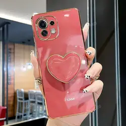 Phone Case On For Xiaomi redmi note 9 8 7 pro 9s note9 s note8 2021 Plating Love Heart Fold Holder Luxury Stand Silicone Cover