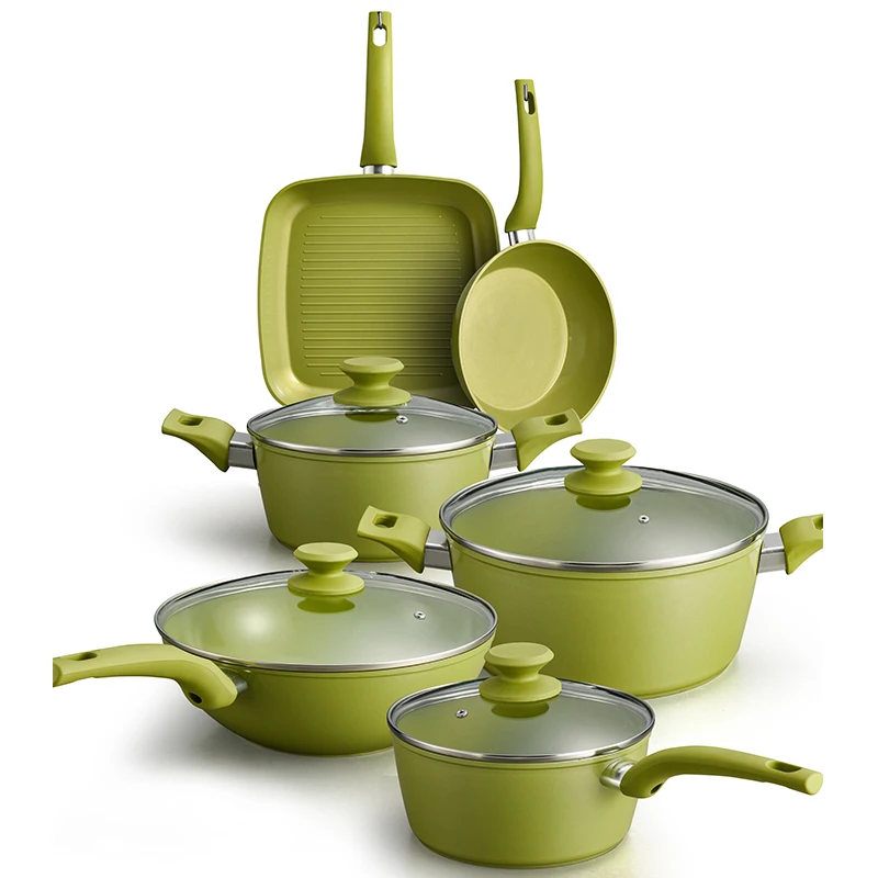 best-selling kitchen utensils green 13 pieces forged camping pan marble ceramic granite non stick cookware set aluminium