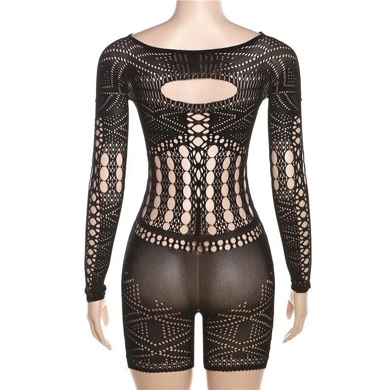 ZHEZHE Black Mesh Hollow Out Romper Night Club For Women 2024 Summer Sexy Long Sleeve See Through Jumpsuit