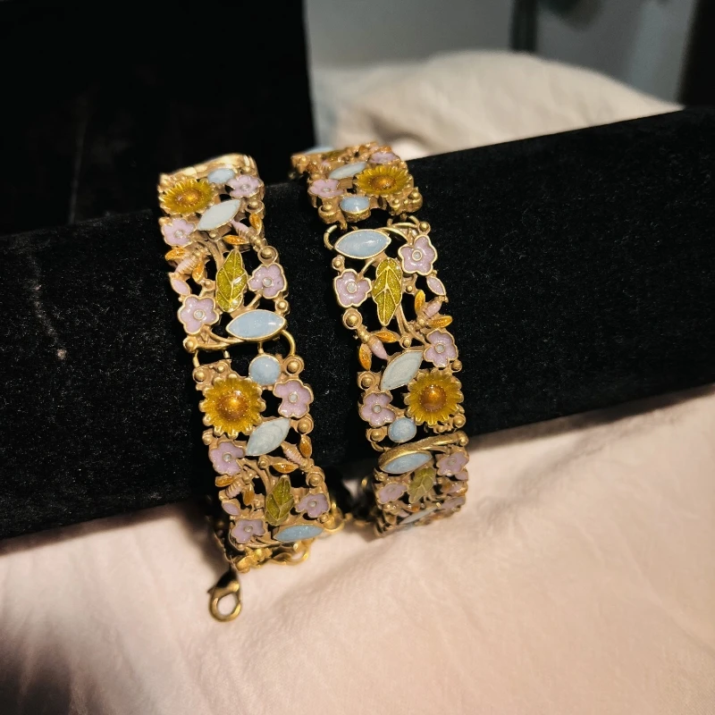 Handmade Vintage Bracelet and Necklace Drip Glaze Enamel Plated Real Gold Flower Garden Collection Fashion Women Jewelry Sets