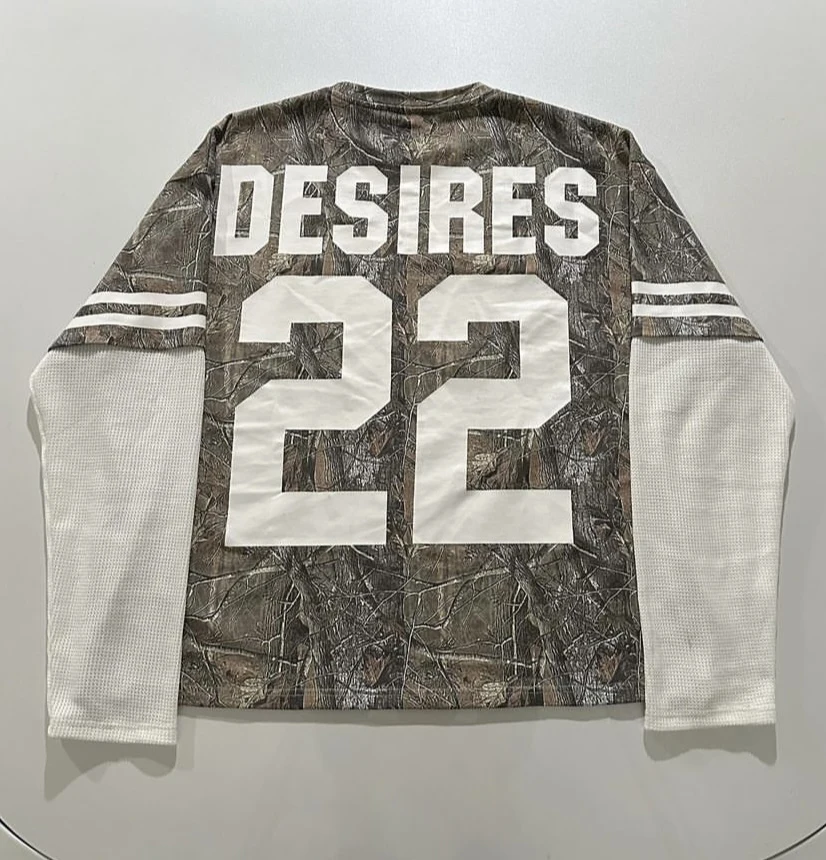 Custom Camo Jersey Oversized Fit T-Shirt Screen Print Double Layer Long Waffle Thermal Sleeves Top Cotton T Shirt For Men