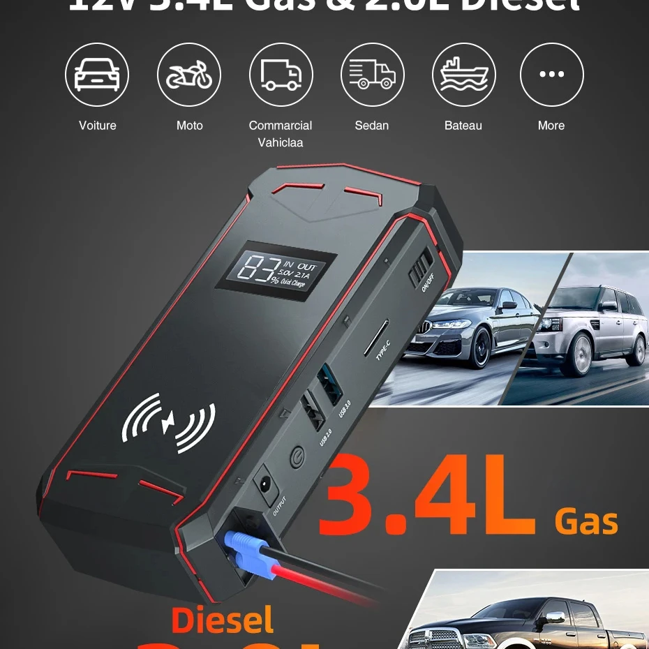 24V 12V Emergency portable car jump starter custom battery charger usb phone jump starter smart power bank