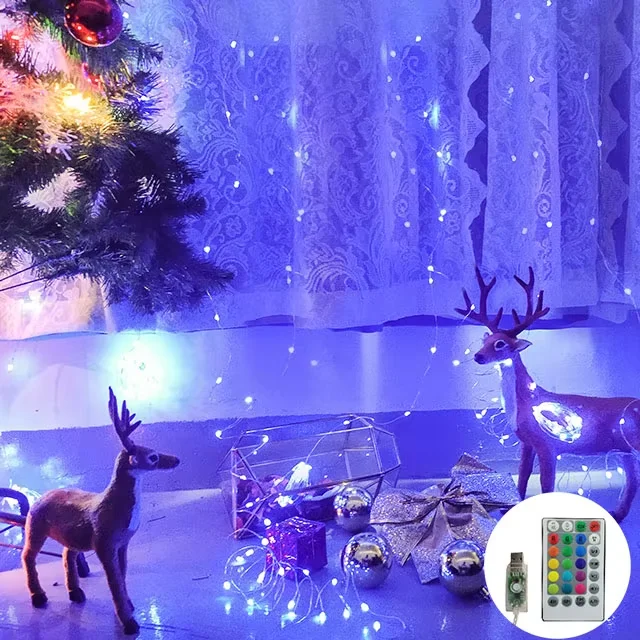 3x2.5m Copper Wire Curtain Lights USB With Remote Fairy String Lights Garland with hook For Home Garden Wedding Party Decor