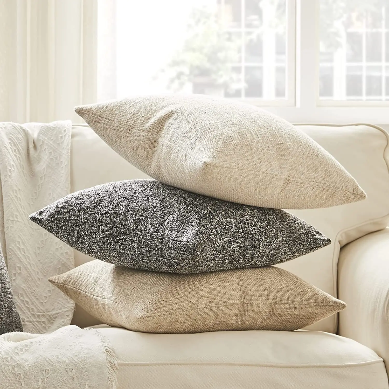 Solid Color Cotton Linen Pillow Cover Farmhouse Rustic Decorative Cushion Case for Sofa Couch Home Textile