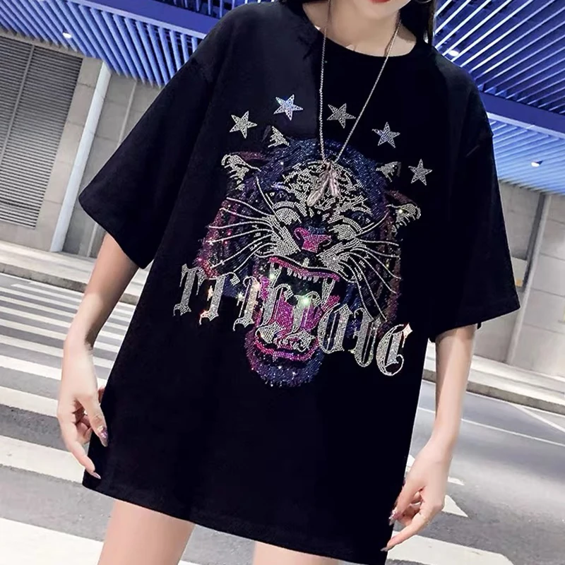 Wholesale Custom Vintage Streetwear Bling Sequins Embroidery Hot Drilling Drop Shoulder Heavyweight t-Shirts