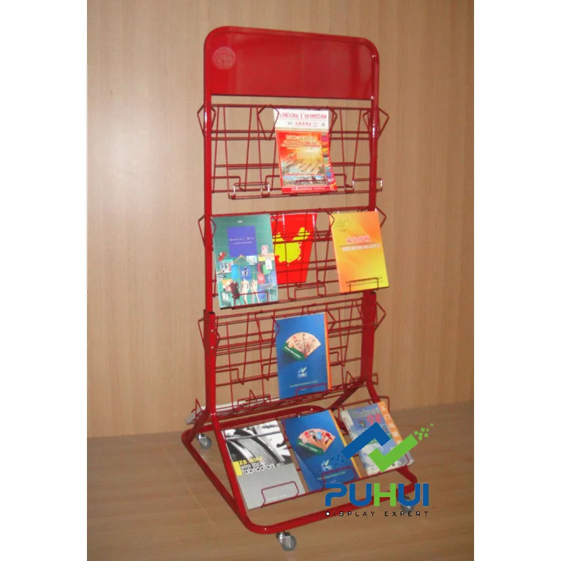 double sides floor standing fixture steel wire frame pocket holder multi tiers shelf metal magazine books display rack