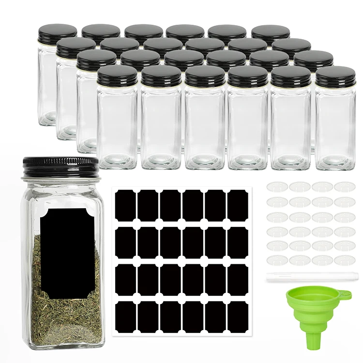 24pcs 120 Ml Condiment Shaker 24pcs Black Labels Square Glass Spice Jars With Black Metal Lids And Collapsible Funnel