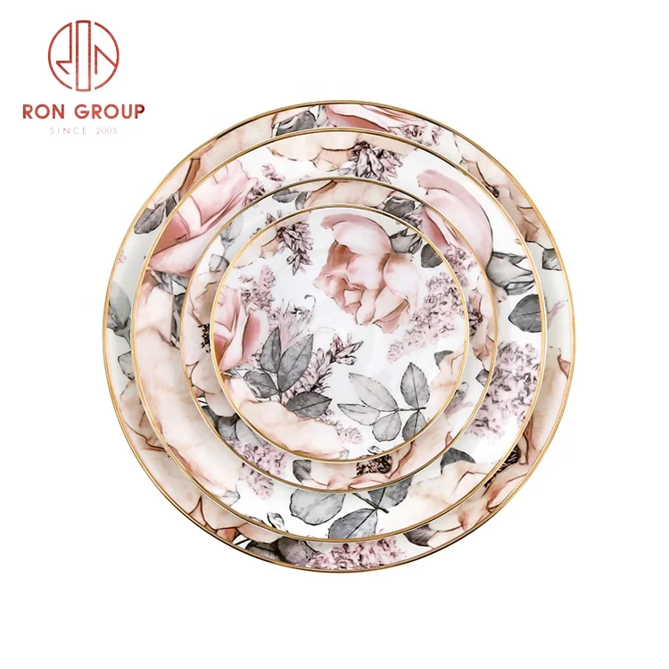wholesale customized hand painted bone china luxury dish set plate pink floral steak cake dessert tableware dinner plates